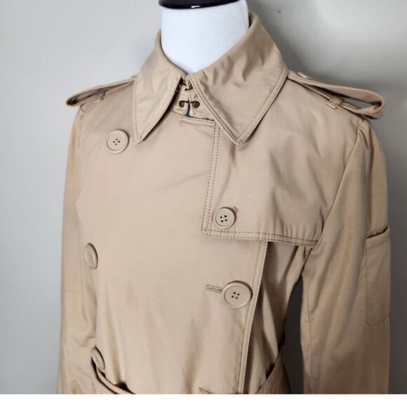 Norma Kamali Urbane Khaki Tan Double Breasted Belted Trench Coat Size M - Picture 3 of 9
